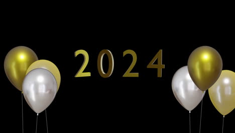 animación de 2024 texto, globos de oro y plata en fondo negro