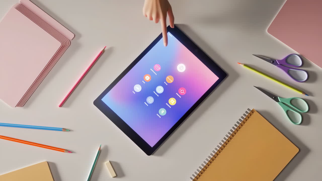 Overhead View of a Tablet and School Supplies with a Hand Interacting