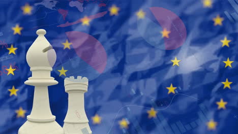 animation of financial data processing and flag of european union with chess pawns