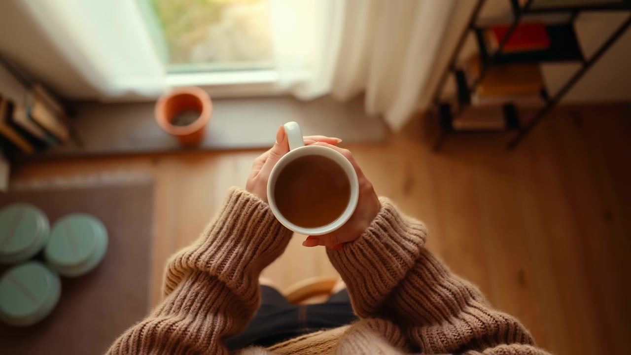 Vista dall'alto mostra due mani che tengono una tazza di ceramica bianca piena di bevanda calda, maniche di maglione e luce solare delicata che crea ombre morbide, una scena interna calma con toni tenui e comfort casalingo.
