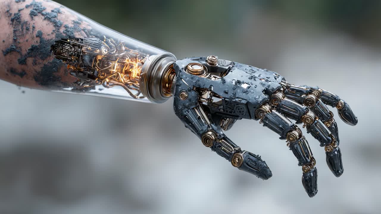 Futuristic Robotic Arm with Exposed Mechanics Representing the Intersection of Technology and Humanity in a Unique Sci-Fi Aesthetic