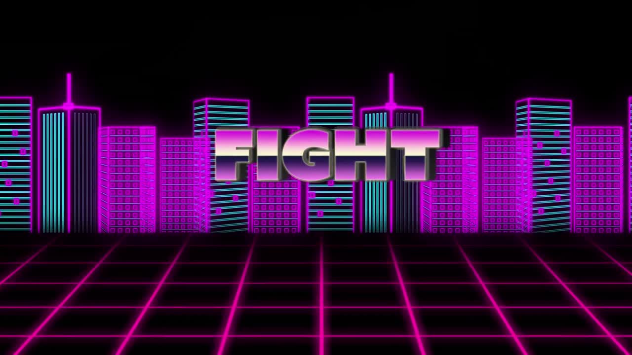 animación del texto de lucha sobre el paisaje urbano sobre fondo negro