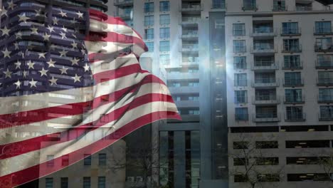 digital animation of american flag swaying against the buildings in city 4k