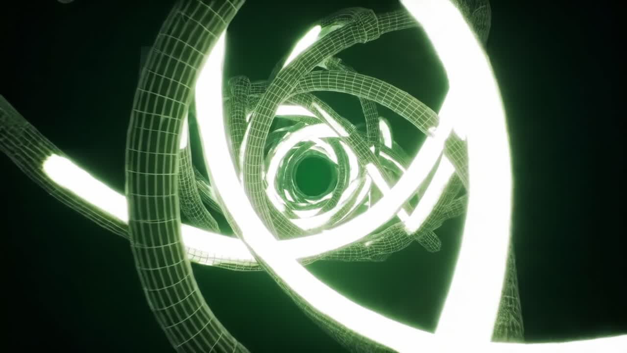 A Mesmerizing Visual Journey Through a Futuristic Green Spiral Tunnel of Illuminated Curves and Dynamic Movement, Capturing the Essence of Abstract Digital Art