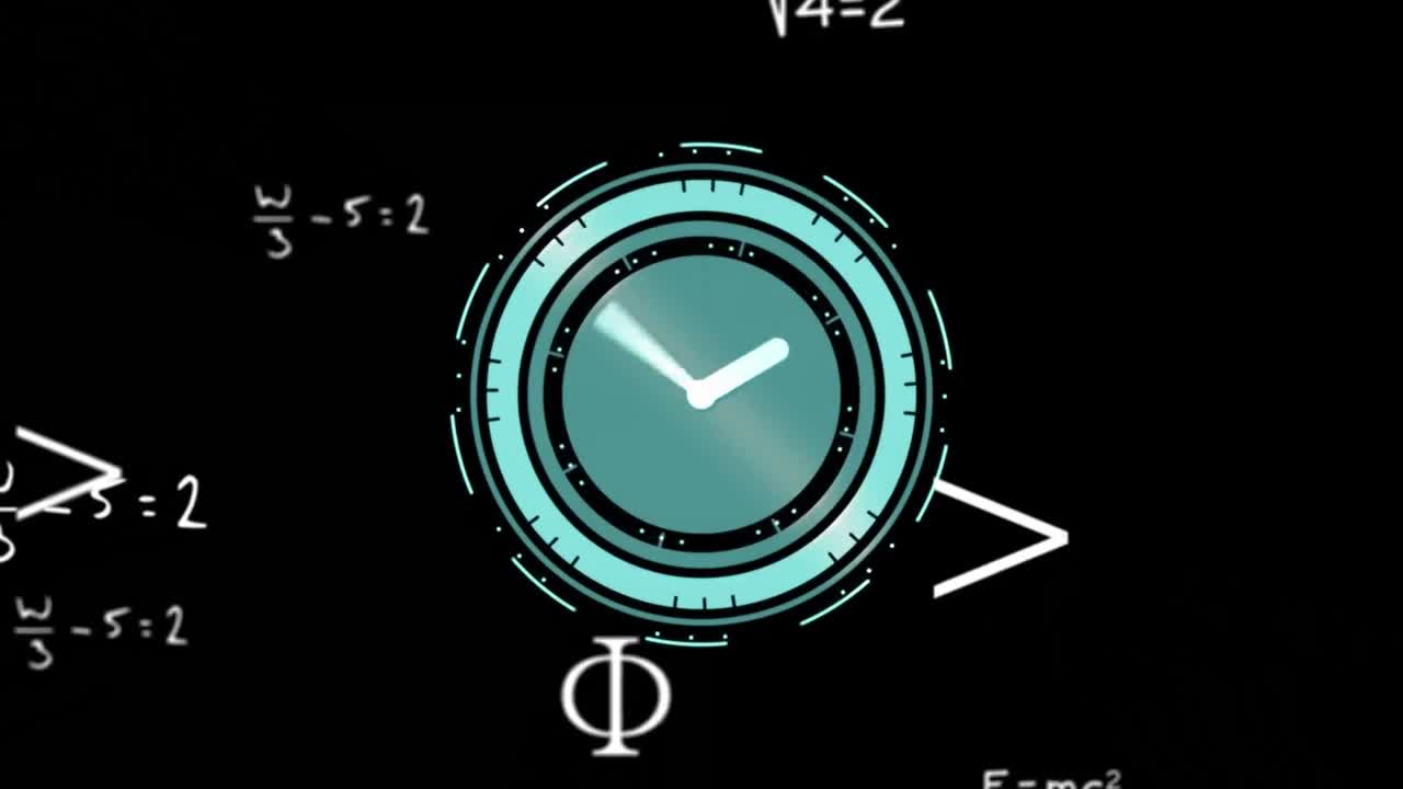 анимация математических уравнений и символов, плавающих над неоновыми тикающими часами на черном фоне