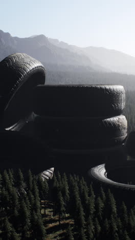 tires stacked in a forest