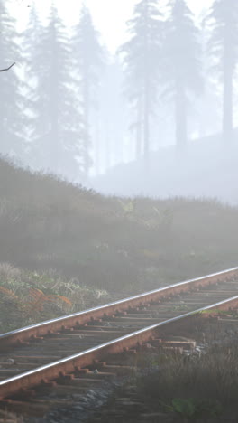 el ferrocarril vacío pasa por el bosque brumoso por la mañana