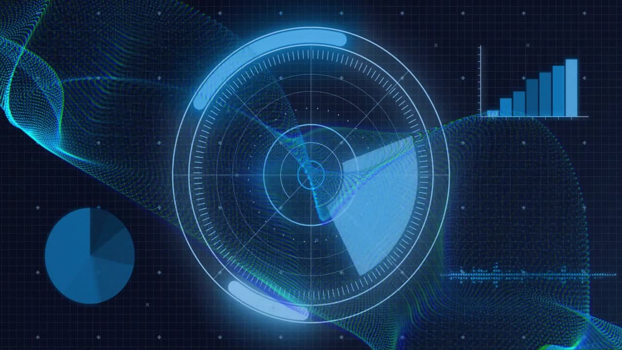 At startup radar interface sweeping scan wedge through waveform while charts rising for monitoring