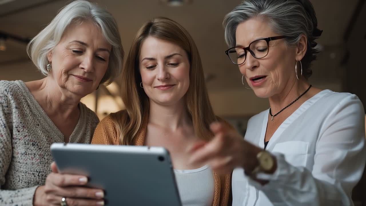 Sistemazione del tablet, un trio che guarda a casa, con quello a destra che naviga e quello a sinistra che indica, e quello al centro in cardigan.