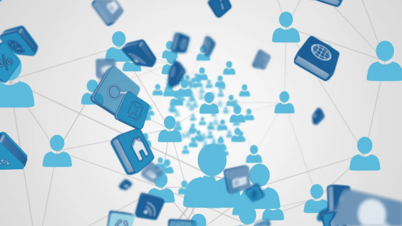 animación de múltiples iconos digitales que caen sobre una red de iconos de perfil contra un fondo gris