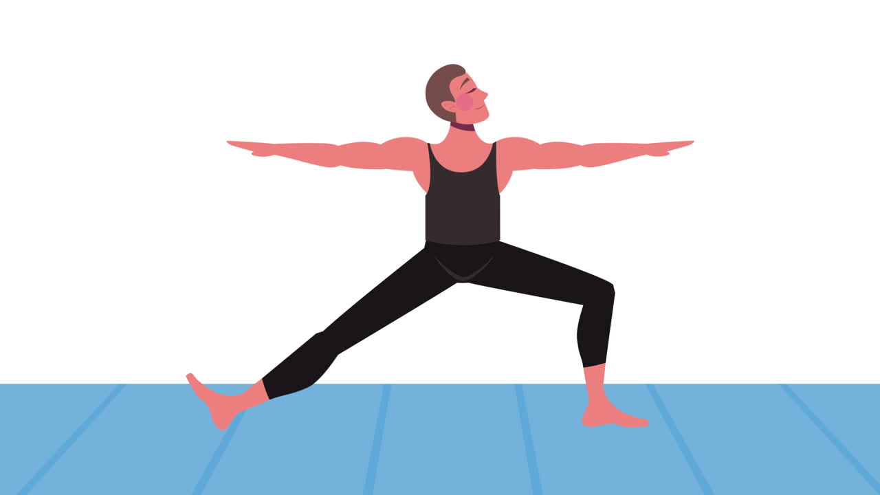 요가 전사 포즈를 연습하는 남자