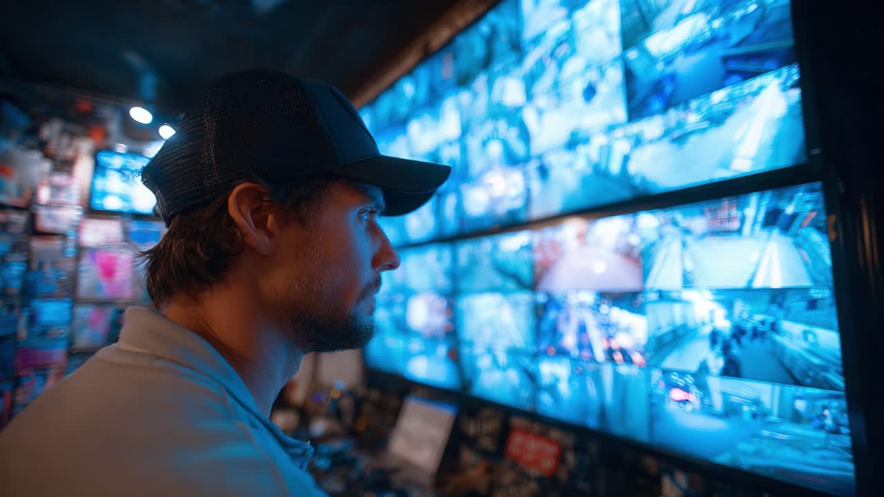 Vigilancia intensa: Un hombre observa múltiples transmisiones de cámaras de seguridad en una sala de monitoreo de alta tecnología, analizando imágenes en vivo en busca de posibles incidentes y actividades