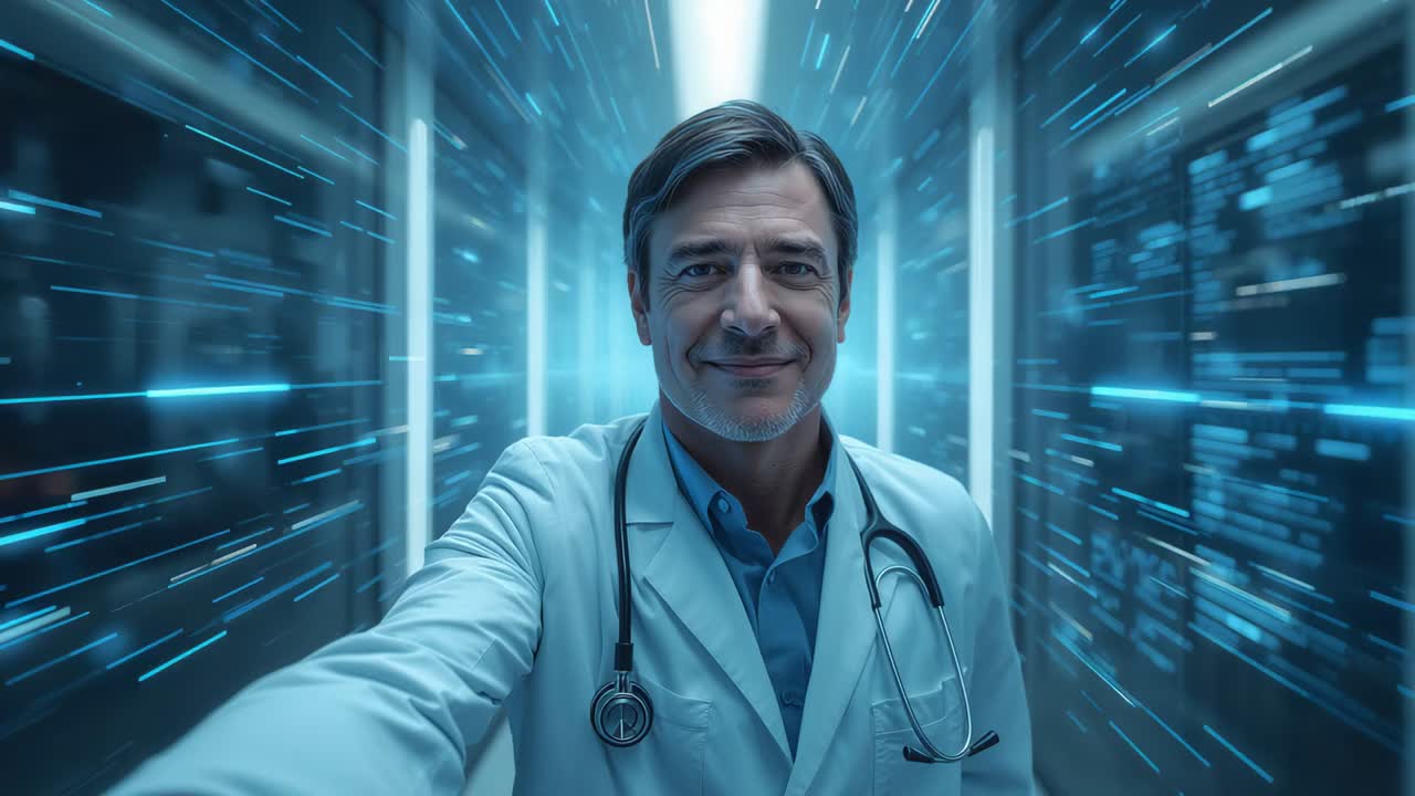 Starting data flow, MD holding camera facing viewer in hall, stethoscope, lab coat showing medtech