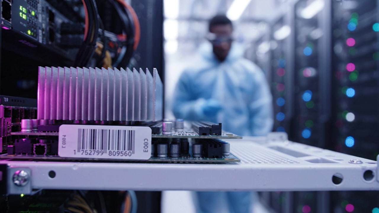 Advanced Data Center Operations featuring High-Performance Server Components and Technicians Managing Network Infrastructure in a Modern Environment