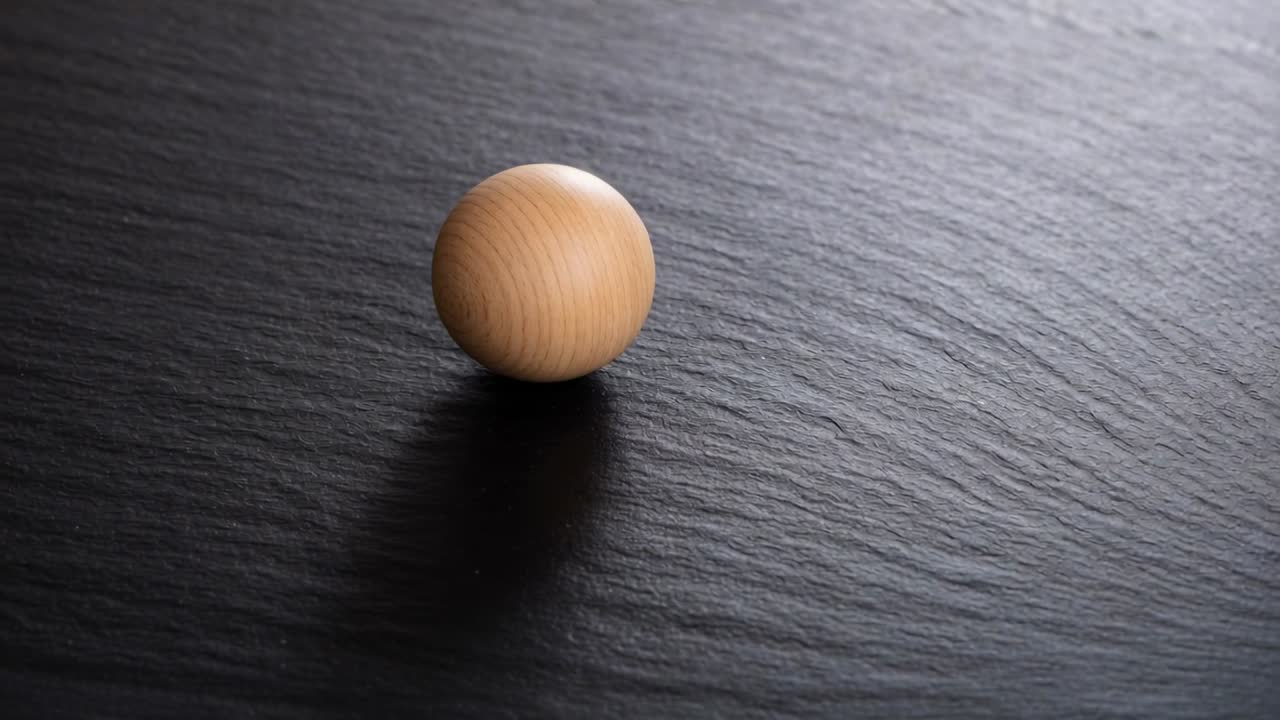 Sfera di legno che rotola dopo un cambio di inquadratura, muovendosi in senso orario su un tavolo di ardesia, rivelando le venature.