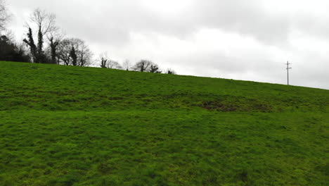 aerial - over the greenish grass hill in a coldy day