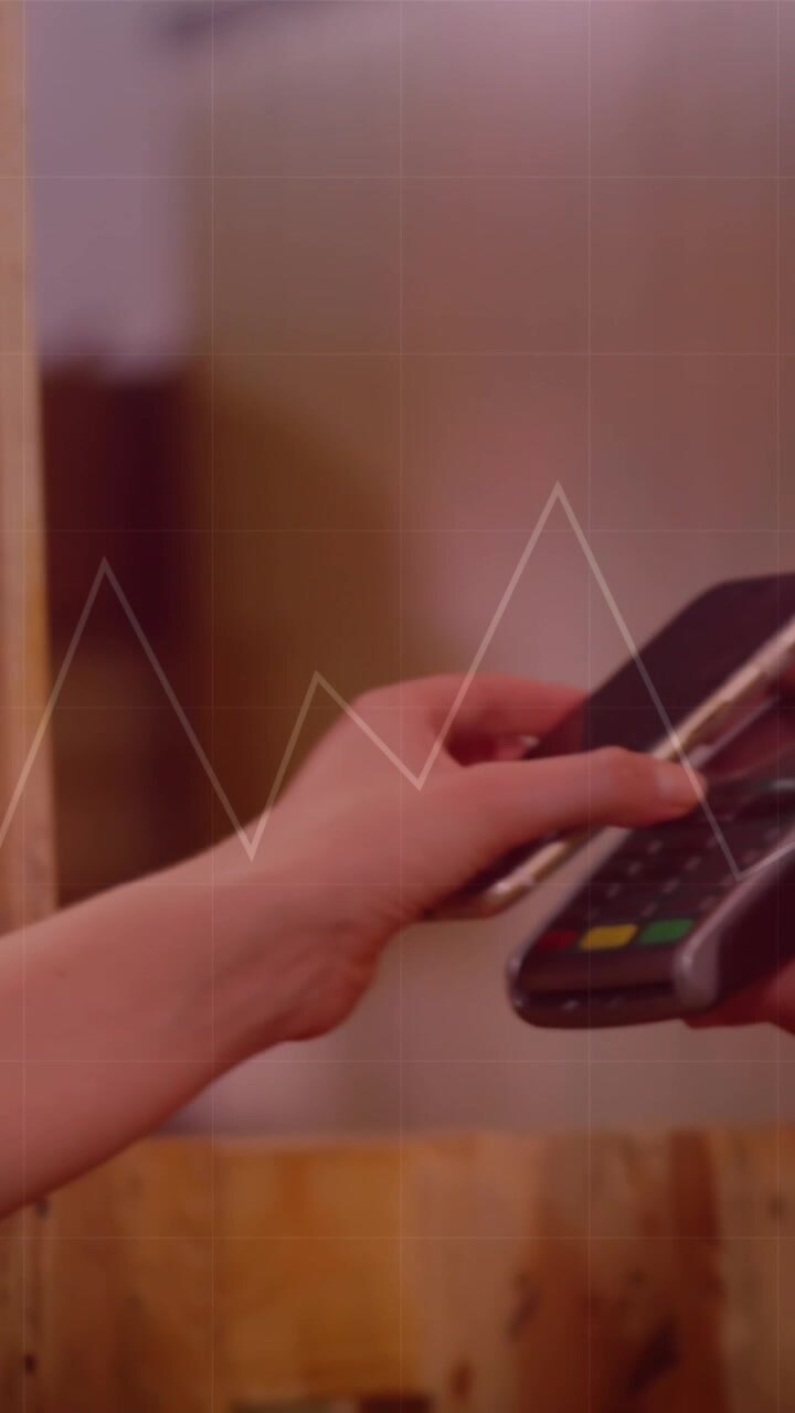 Animation of data processing over caucasian woman paying with smartphone