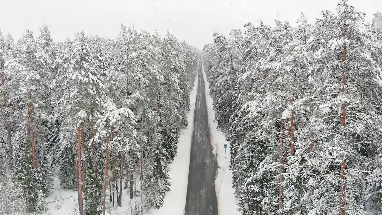 눈이 내리는 동안 눈으로 덮인 마법의 크리스마스 도로와 삼림 지대, 공중 전망