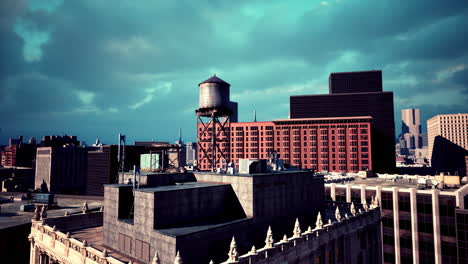 aerial view of a city with a water tower