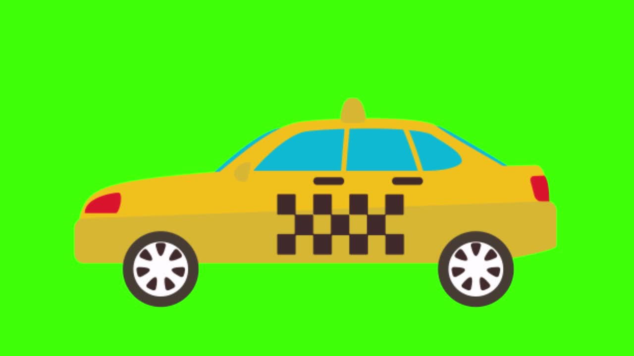 animación simple y colorida de un taxi amarillo aislado en una pantalla verde en 4k