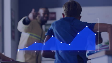 animation of data processing over diverse schoolchildren and male teacher in classroom