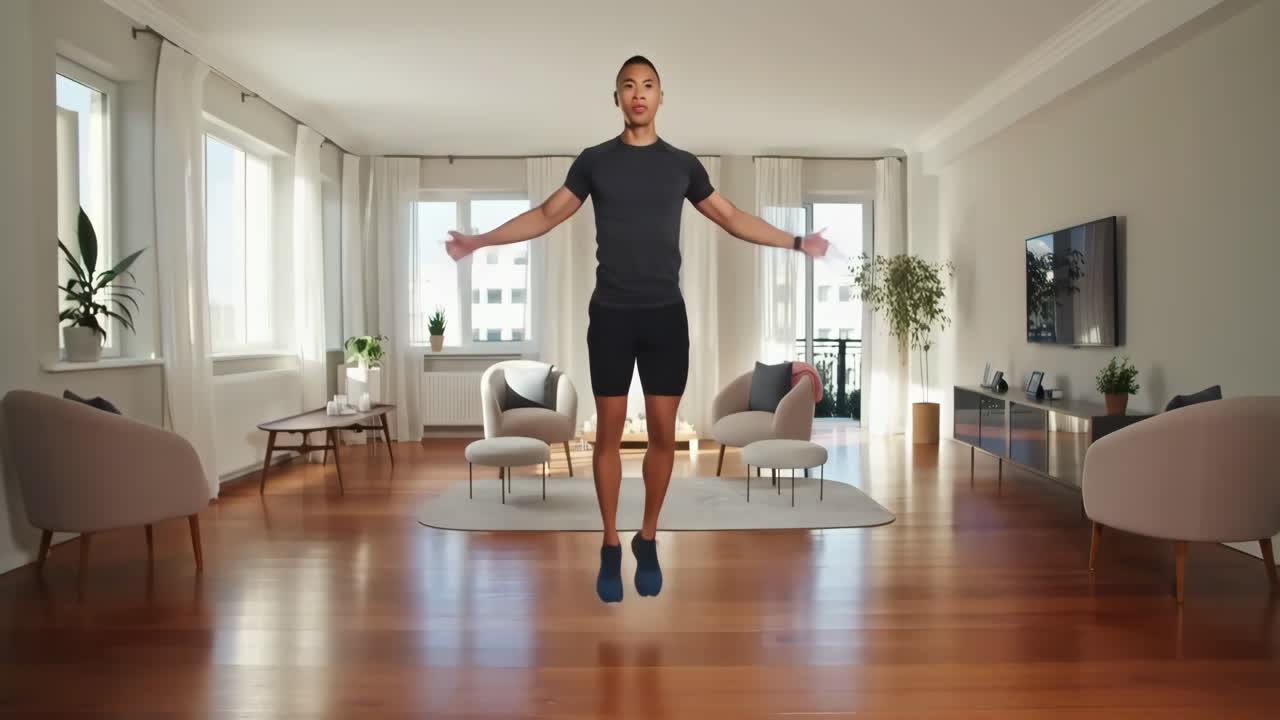 Man doing jumping exercises as part of an indoor home workout