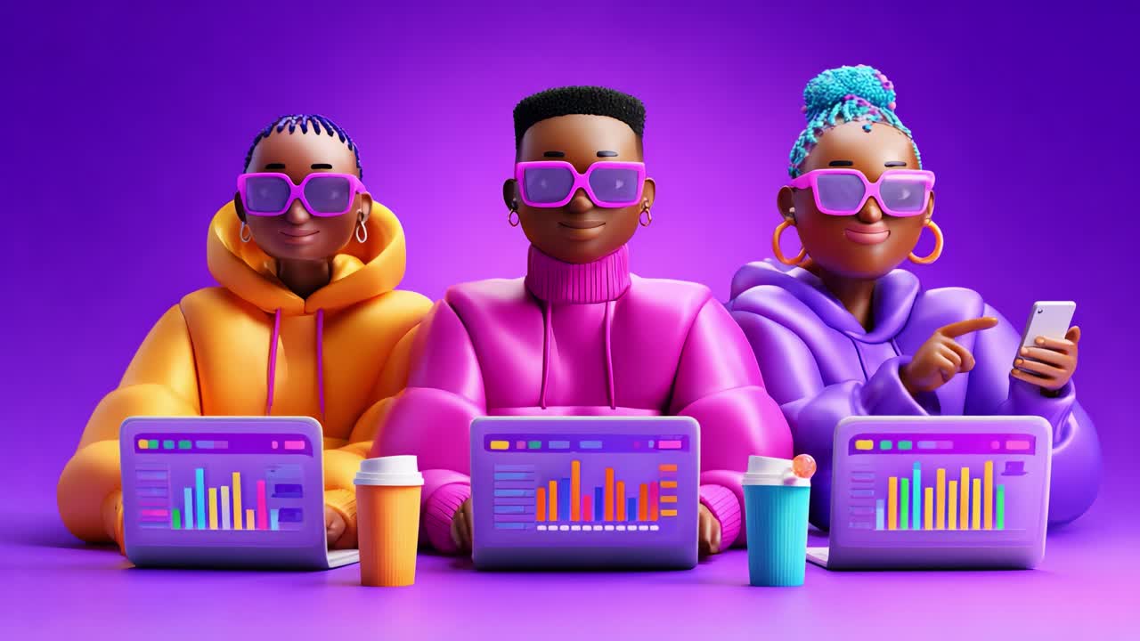 A vibrant trio of trendy animated characters working on laptops, showcasing colorful charts and data visualizations, dressed in stylish hoodies and sunglasses against a purple background