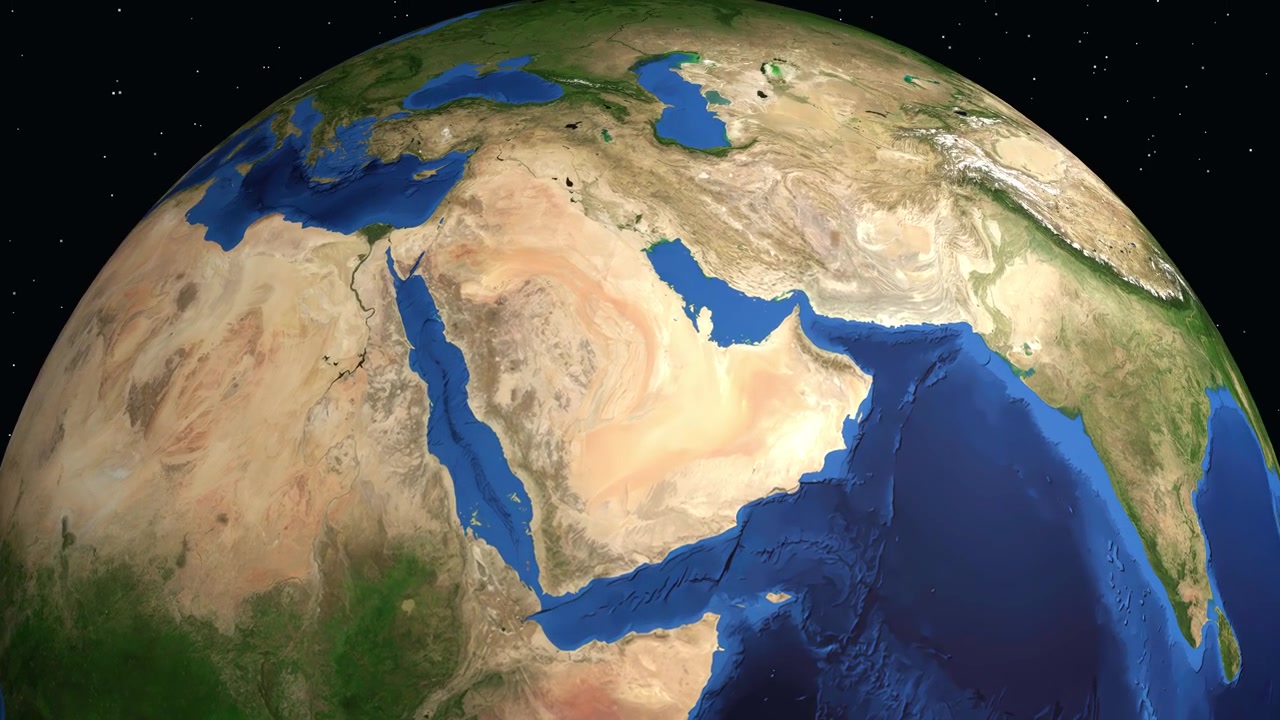 Dijital animasyon, uzaydan Arap Yarımadası'na yakınlaşarak Suudi Arabistan'ın Al Hillah şehrini belirliyor.