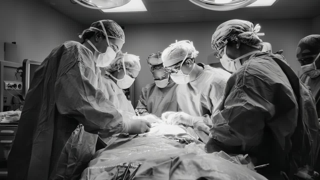 A Team of Surgeons Collaborating in a High-Stakes Surgical Procedure with Precision and Care in a Sterile Operating Room Environment