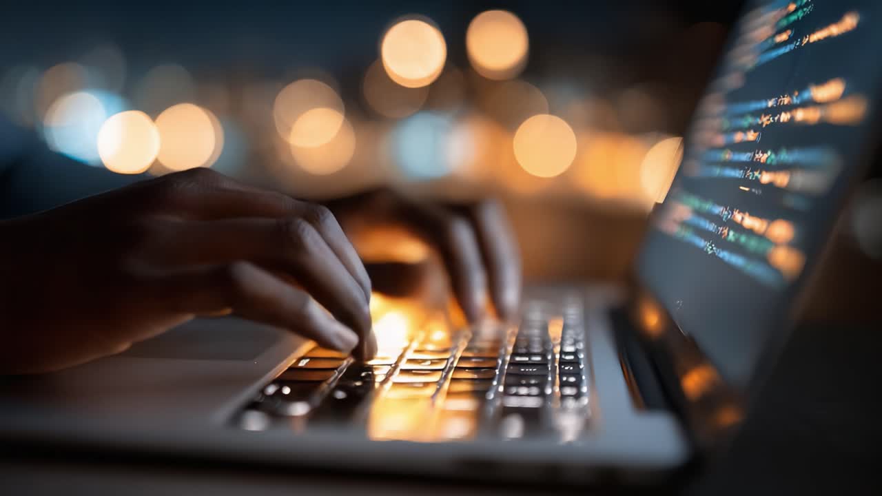 Engaged programming at night: A programmer's hands dance over a laptop keyboard, illuminated by screen light, showcasing the art of coding amid a backdrop of glowing bokeh