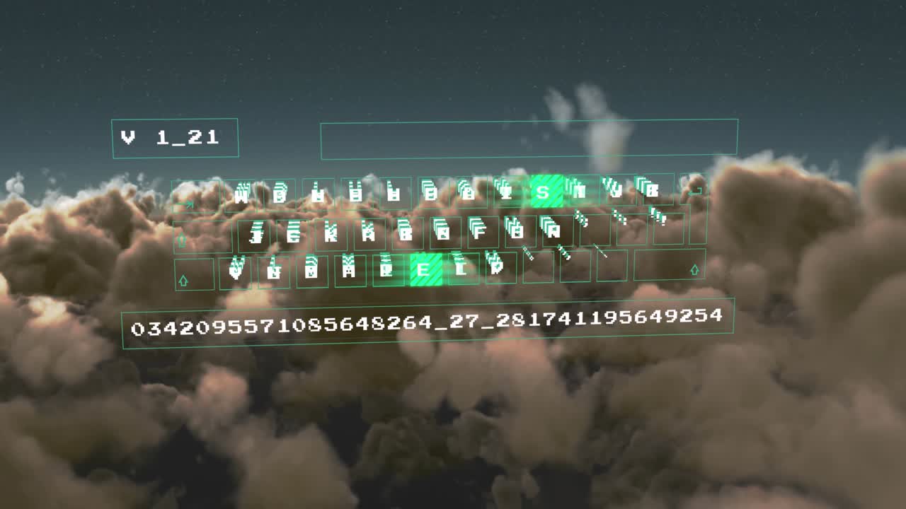 Animation of data processing on computer keyboard over clouds
