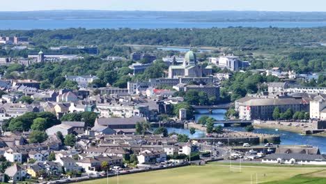 galway cityscape with river corrib, bridges and iconic buildings, ireland drone