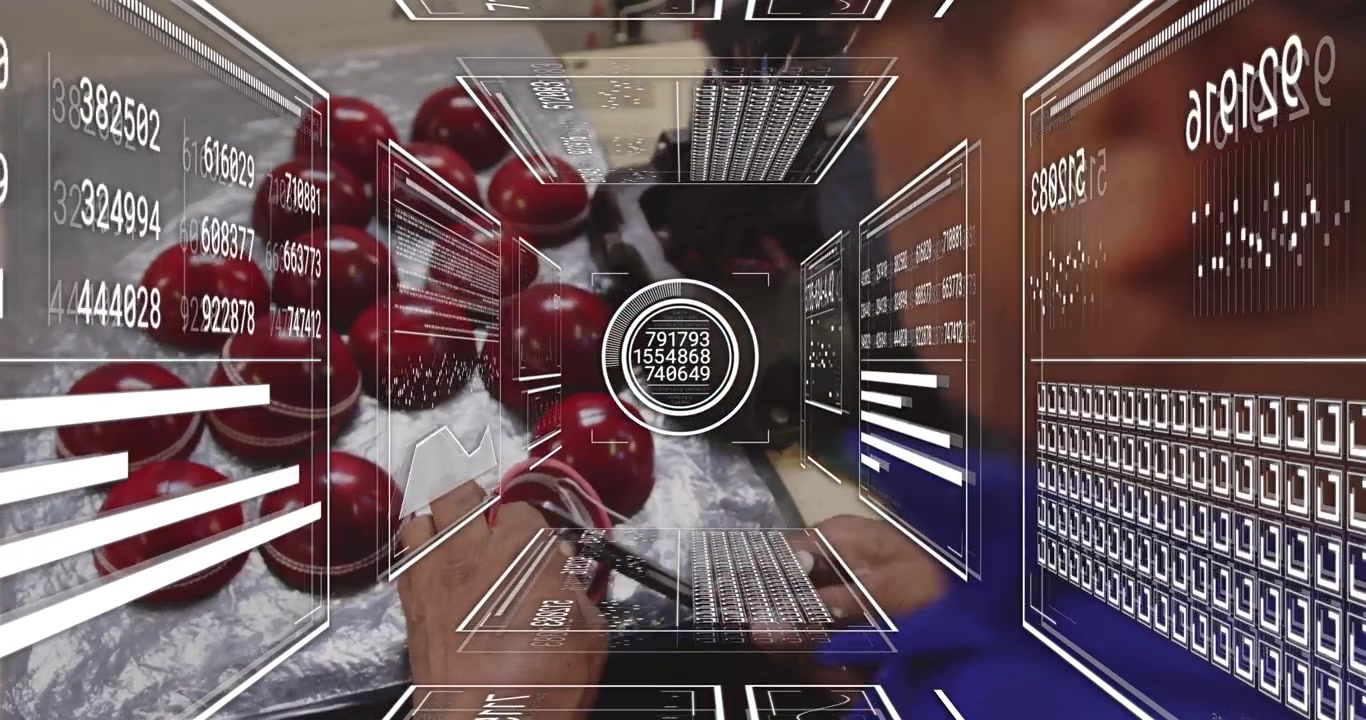 operator grabbing leather shells in manufacturing, sewing seam to assemble ball with data overlay