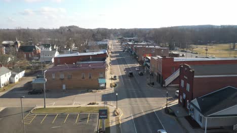 Downtown-Nashville,-Michigan-drone-video-going-sideways