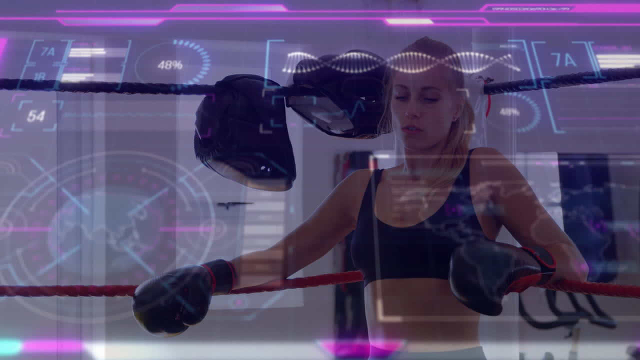Woman boxer leaning against red ropes inside boxing ring, displaying fitness tech data overlays