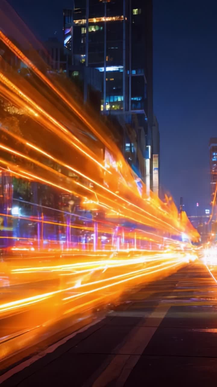 Scie luminose dinamiche nel paesaggio notturno urbano: una vivida rappresentazione di movimento ed energia catturata attraverso l'obiettivo di un ambiente cittadino frenetico