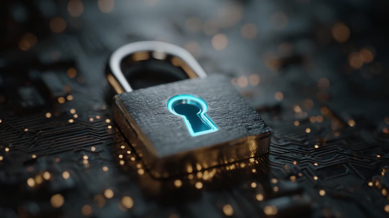 A Close-Up of a Sleek Metallic Padlock Illuminated by a Striking Blue Light Against a Background of Glowing Circuits and Digital Technology