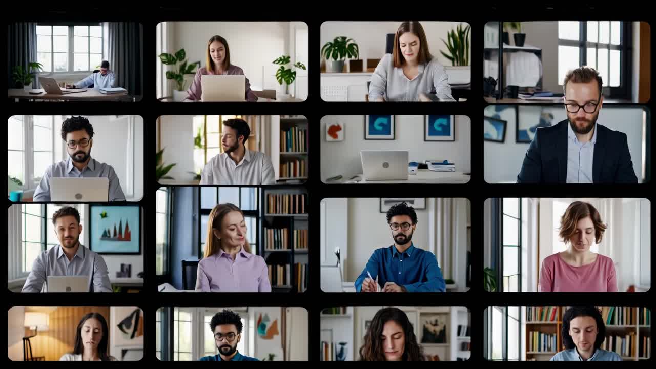 Grid of video call participants in home offices, captured from a front-facing camera angle