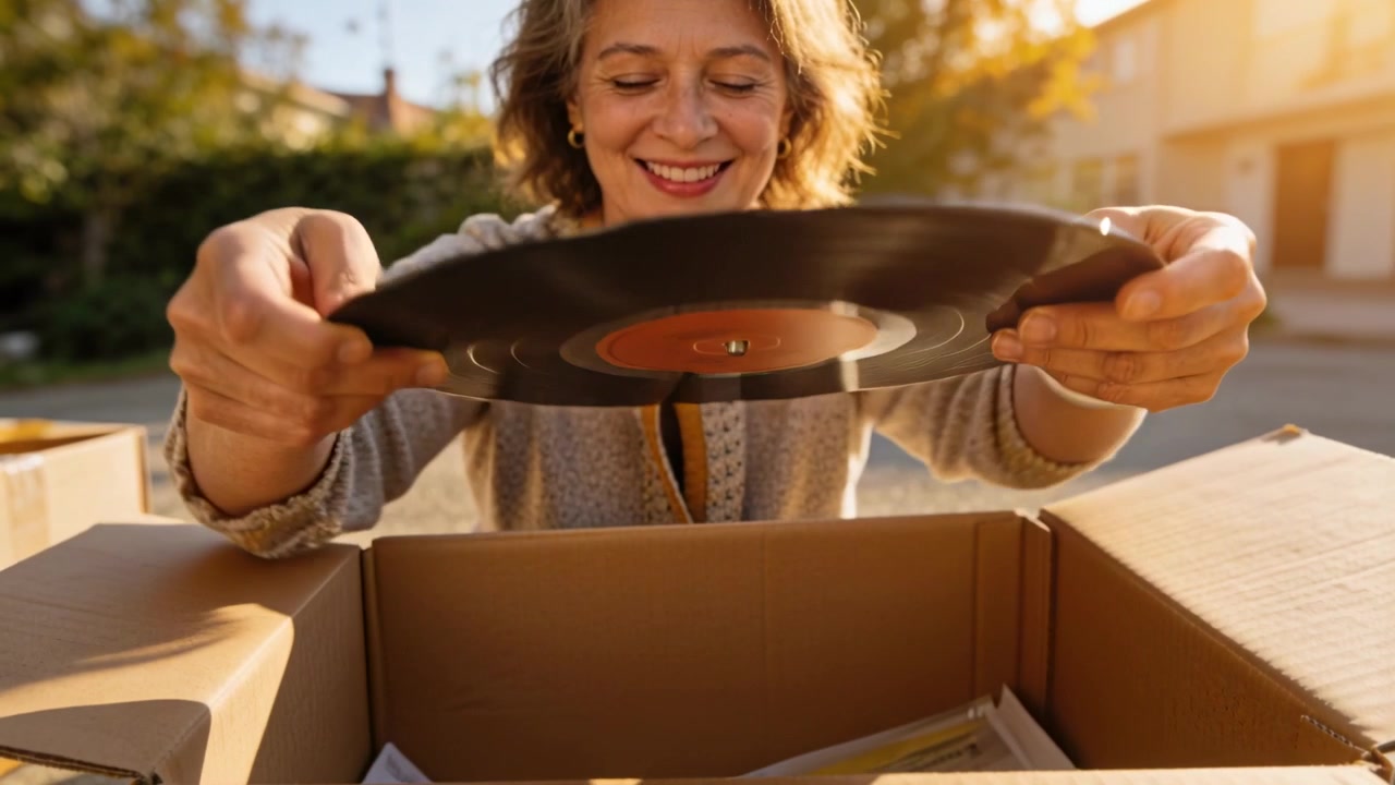 Donna con un cardigan che si allunga per sollevare, ruotare e ispezionare un vinile con etichetta arancione sopra una scatola nel vialetto