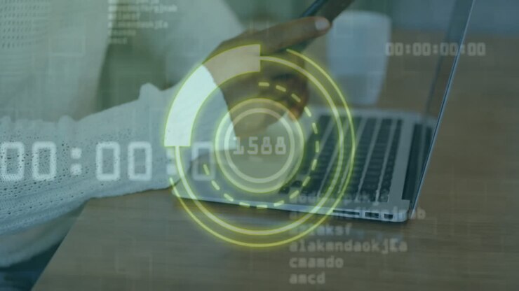 Animation of data processing and scope scanning over biracial businesswoman using smartphone