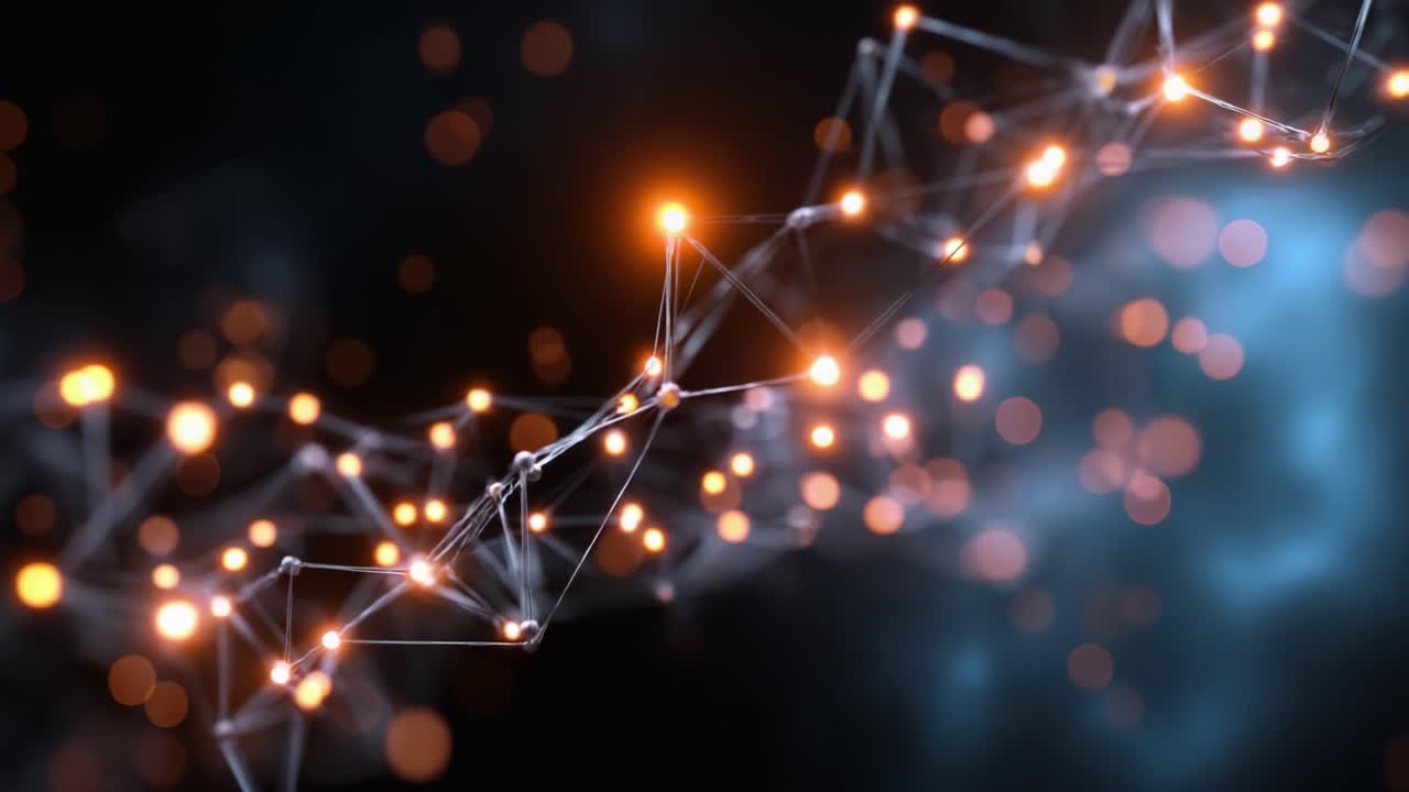 Illuminated Abstract Network of Nodes and Connections Showcasing Dynamic Motion and Brightness Against a Dark Background in a Futuristic Visualization