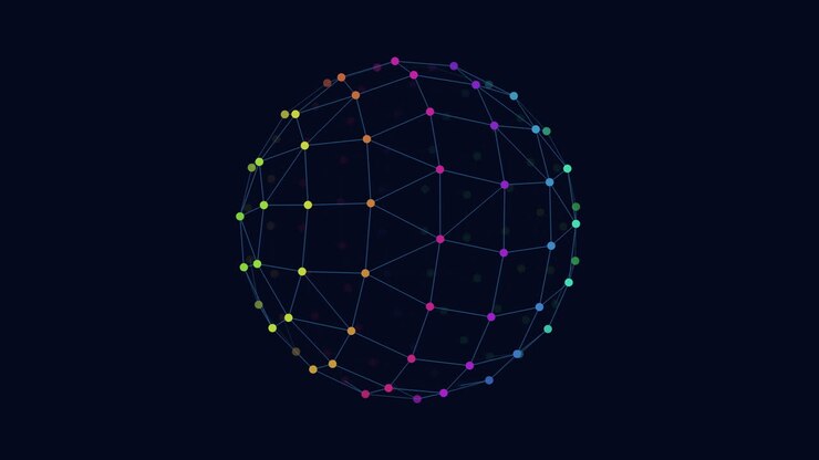 Futuristic and abstract sphere from rainbow dots and lines on black space
