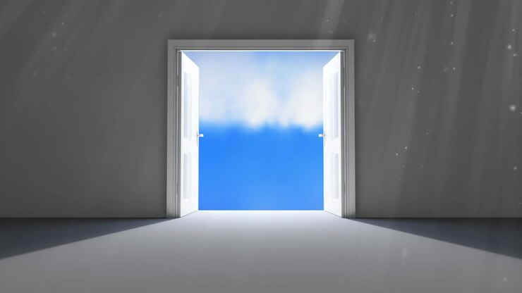 Dark doors opening on a cloudy sky