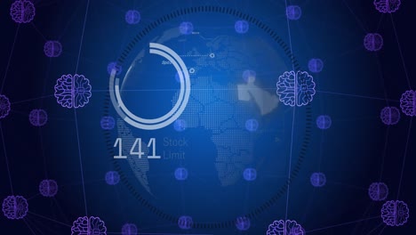 animación de un procesamiento de datos con globo, iconos y red de conexiones