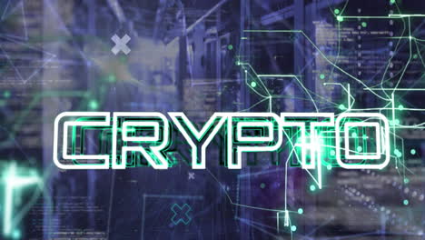 animación de banner de texto criptográfico, senderos de luz verde y procesamiento de datos contra la sala de servidores de computadora