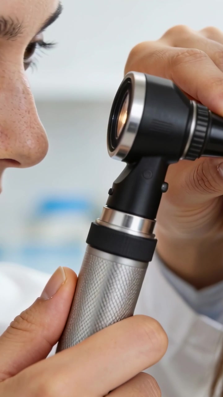 Video verticale: Clinico in camice bianco che allinea l'oculare preparando il microscopio in una sala d'esame, con una lampada accesa.