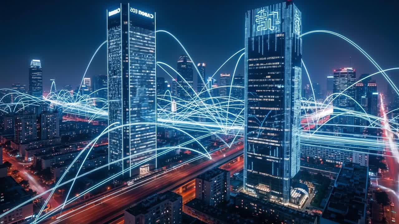 A captivating night view of a futuristic city skyline featuring towering skyscrapers illuminated with vibrant blue lights and dynamic flowing lines representing connectivity and innovation