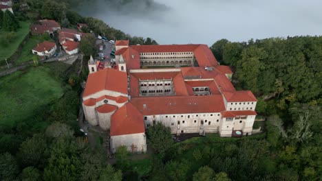 drone view of santo estevo monastery and sil canyon, luintra, spain