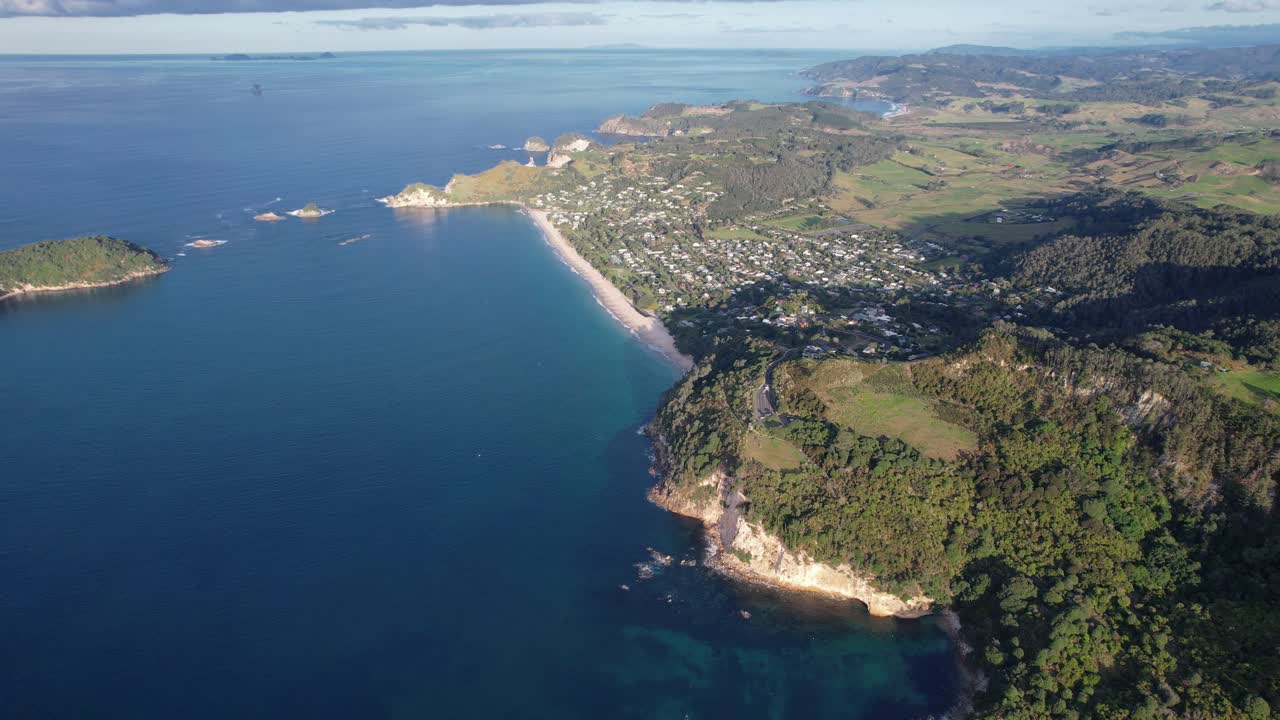 Aerial View of Coastal Town and Beach