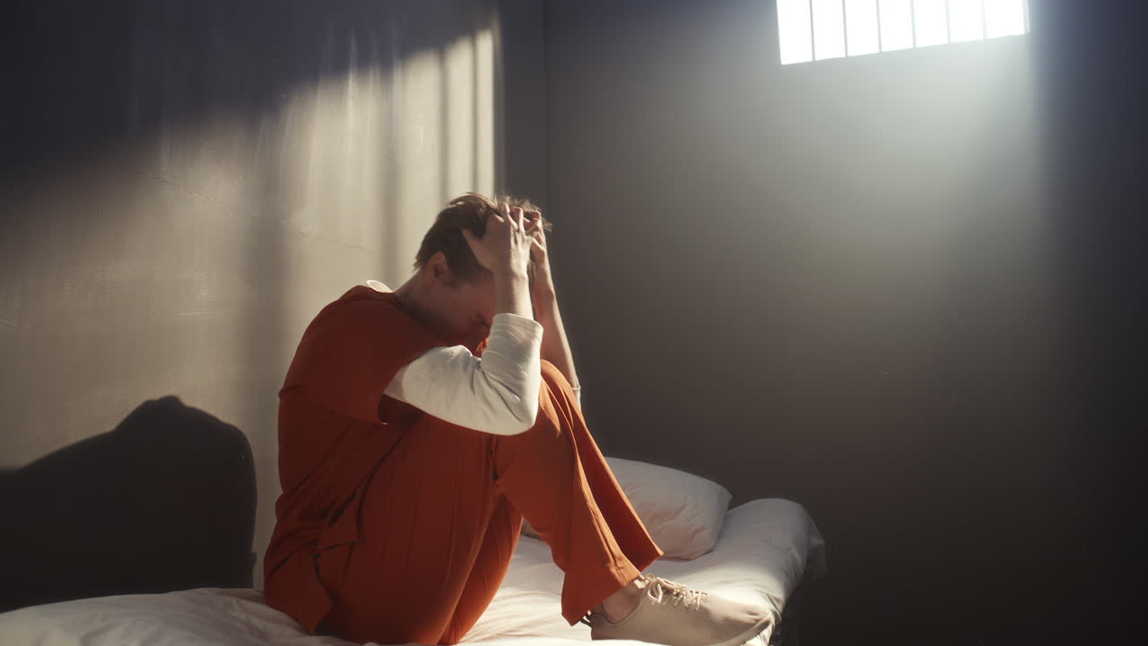 Desperate Female Inmate Reading Letter and Crying on Bed in Prison Cell